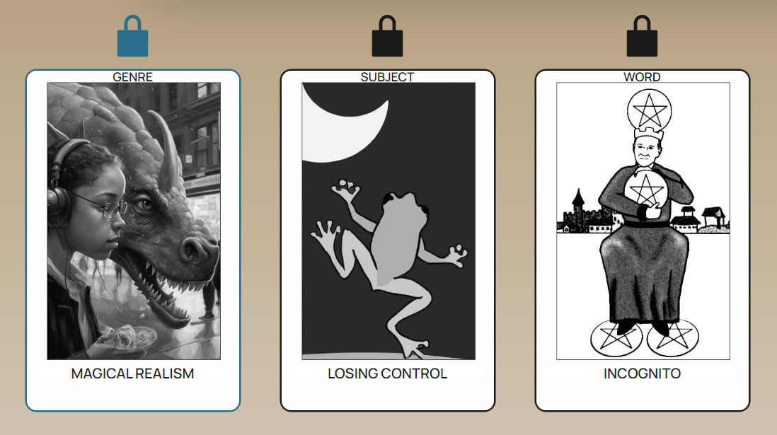 Image of three tarot-style cards featuring a dragon and a black girl with the text "Magical Realism"; a frog against a dark sky with a crescent moon with the word "Losing Control"; an image of a the four of coins tarot card with the word "Incognito".